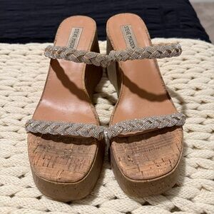 Steve Madden Beige Cork Wedge Sandals with Braided Bead Straps